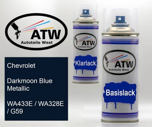 Chevrolet, Darkmoon Blue Metallic, WA433E / WA328E / G59: 400ml Sprühdose + 400ml Klarlack - Set, von ATW Autoteile West.